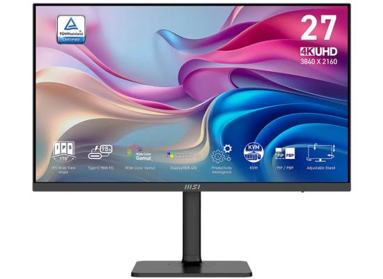 MSI Modern MD272UPHG 27" 4K UHD IPS USB Type-C 98W PD, Flat Business Monitor, 60Hz, 4MS,10 Bit, DCI-P3 97% HDR400, Adjustable Stand, Bezel-Less Display w/ KVM & Speakers