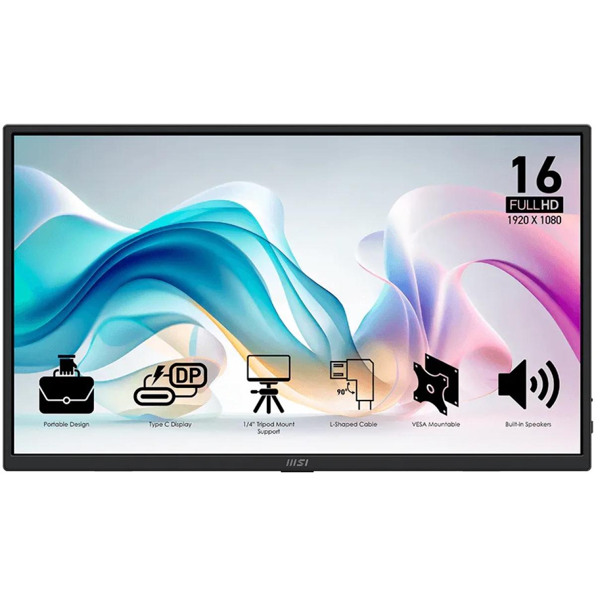 MSI PRO MP165 E6 15.6” 1920 x 1080 (FHD) IPS 60Hz 4ms (GtG) 8 bits, Portable Monitor, Slim & Light Extender Screen, Hdmi & Type-C cable, VESA Mount Support w/ Built-in Speakers