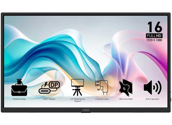 MSI PRO MP165 E6 15.6” 1920 x 1080 (FHD) IPS 60Hz 4ms (GtG) 8 bits, Portable Monitor, Slim & Light Extender Screen, Hdmi & Type-C cable, VESA Mount Support w/ Built-in Speakers