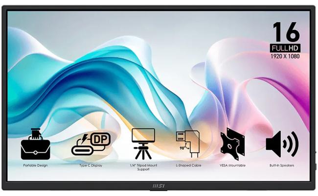 MSI PRO MP165 E6 15.6” 1920 x 1080 (FHD) IPS 60Hz 4ms (GtG) 8 bits, Portable Monitor, Slim & Light Extender Screen, Hdmi & Type-C cable, VESA Mount Support w/ Built-in Speakers
