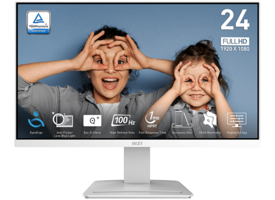 MSI PRO MP2412W 24" 1080p FHD Flat Monitor (White) VA, 100Hz, 1ms, 113% sRGB, Adaptive-Sync, Eye Care Technology