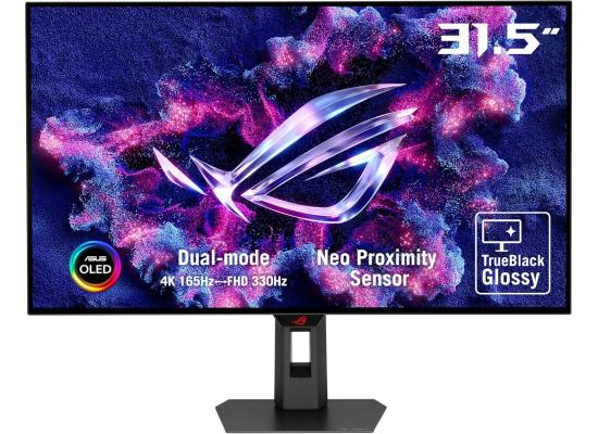 ASUS ROG Strix OLED XG32UCWG Gaming Monitor 32" 4K TrueBlack Glossy OLED, Dual Mode (4K@165Hz, FHD@330Hz), 0.03ms (GTG), G-SYNC® compatible, Custom Heatsink, OLED Care Pro, Neo Proximity Sensor, VESA DisplayHDR™ 400 True Black, Auto KVM, USB Type-C