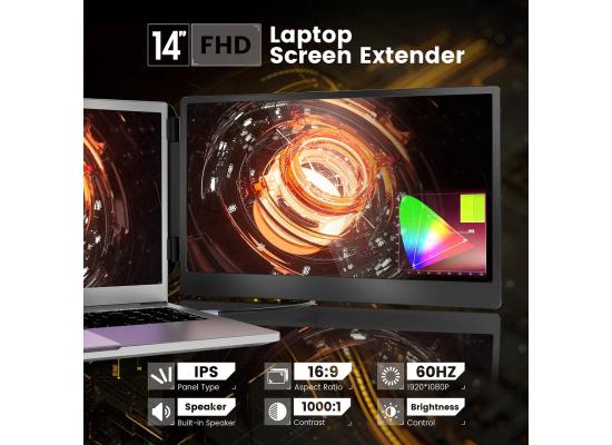 S1 Portable Laptop Screen Extender, 14" FHD 60Hz IPS Wide Viewing Angle , USB-C & HDMI , 72% NTSC, 300 cd/m², Plug & Play, 180° Rotation Angle w/ Speakers & Bag For Mac/Windows