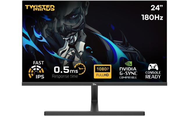 TwistedMinds 24" FHD Flat Gaming Monitor, Fast IPS, 180Hz, 0.5ms, Console Ready HDMI 2.1, HDR, Nvidia G-SYNC & AMD-SYNC