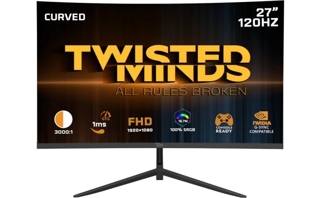 Twisted Minds 27" Curved Monitor VA Full HD 1080p @120Hz 1ms, HDR300, 100% sRGB , FreeSync & G-Sync Compatible, HDMI 2.1 w/ RGB Rear Backlight Light & Speakers Twisted Minds 27" Curved Monitor VA Full HD 1080p @120Hz 1ms, HDR300, 100% sRGB , FreeSync & G-Sync Compatible, HDMI 2.1 w/ RGB Rear Backlight Light & Speakers