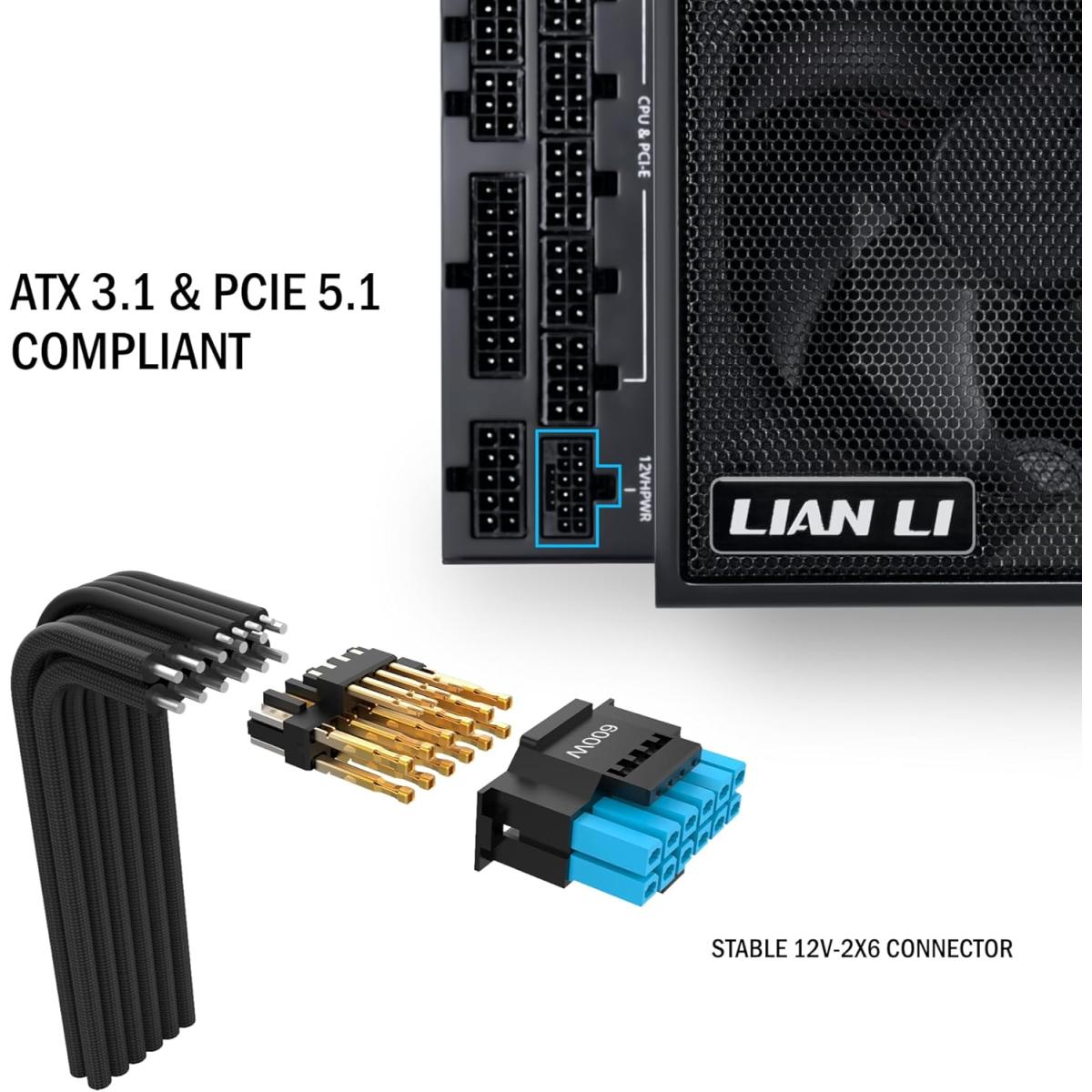 Lian Li Edge EG1000G 1000W Gold (Black) (ATX 3.1) PCIE 5.1 (12V-2×6) 80 Plus Gold Full Modular Power Supply W/ Braided-Sleeved Cables + Detachable USB hub w/ 4 internal USB 2.0 Headers & 6 PWM Headers