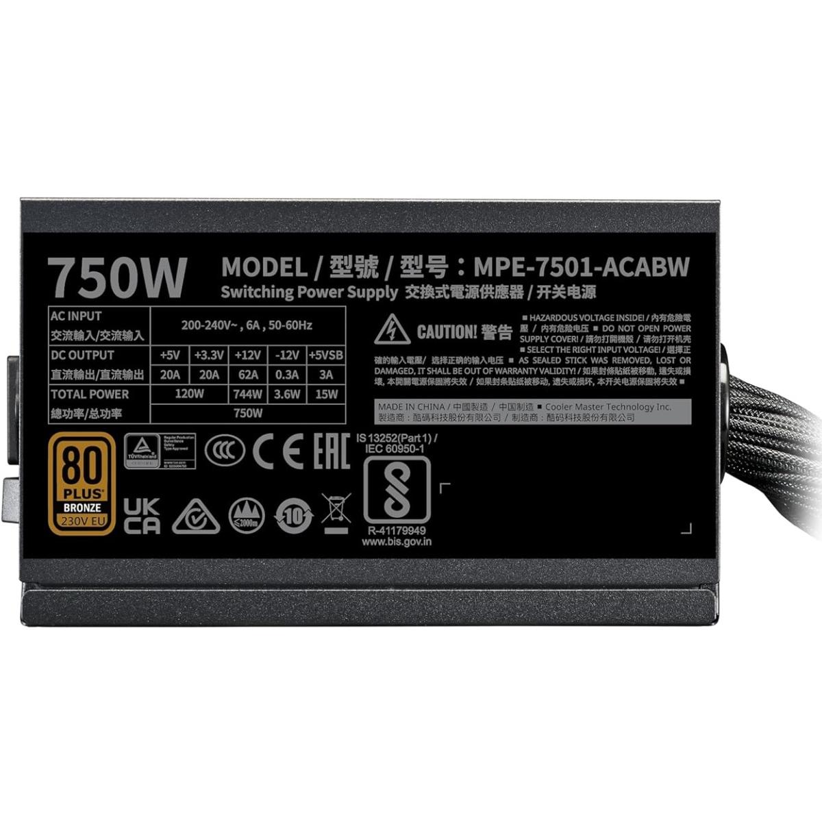 Cooler Master MWE Bronze 750 V3 (ATX 3.1) 750W 80 Plus Bronze Power Supply w/ Quiet HDB fan