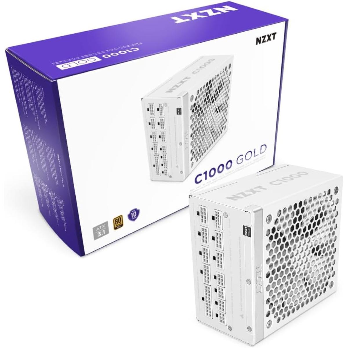 NZXT C1000, 1000W 80+ Gold Full Modular ATX (3.1) (PCIe 5.1) Gaming Power Supply w/ 135mm fluid dynamic bearing fan with Zero Fan Mode (White)