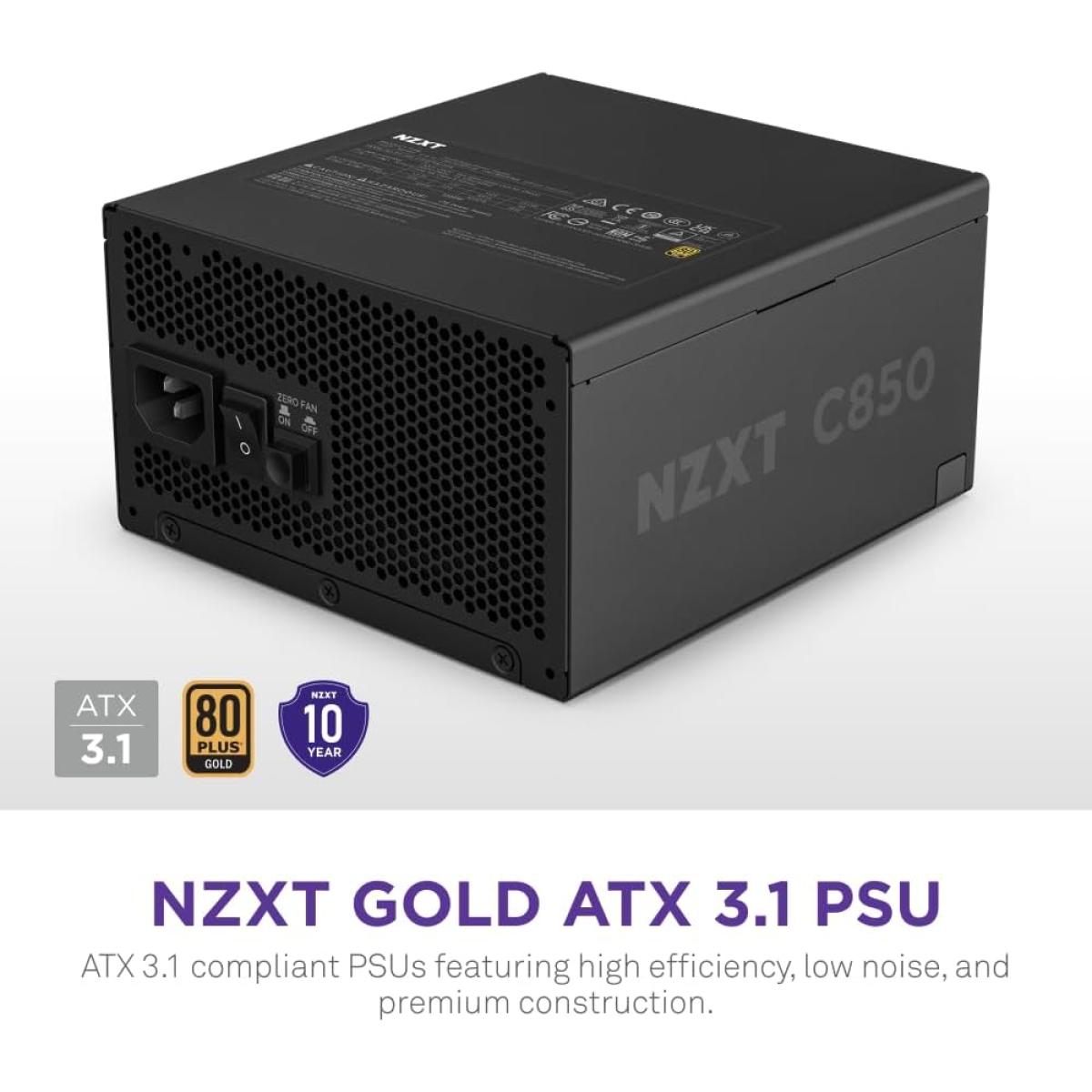 NZXT C850, 850W 80+ Gold Full Modular ATX (3.1) (PCIe 5.1) Gaming Power Supply w/ 135mm fluid dynamic bearing fan with Zero Fan Mode (Black)
