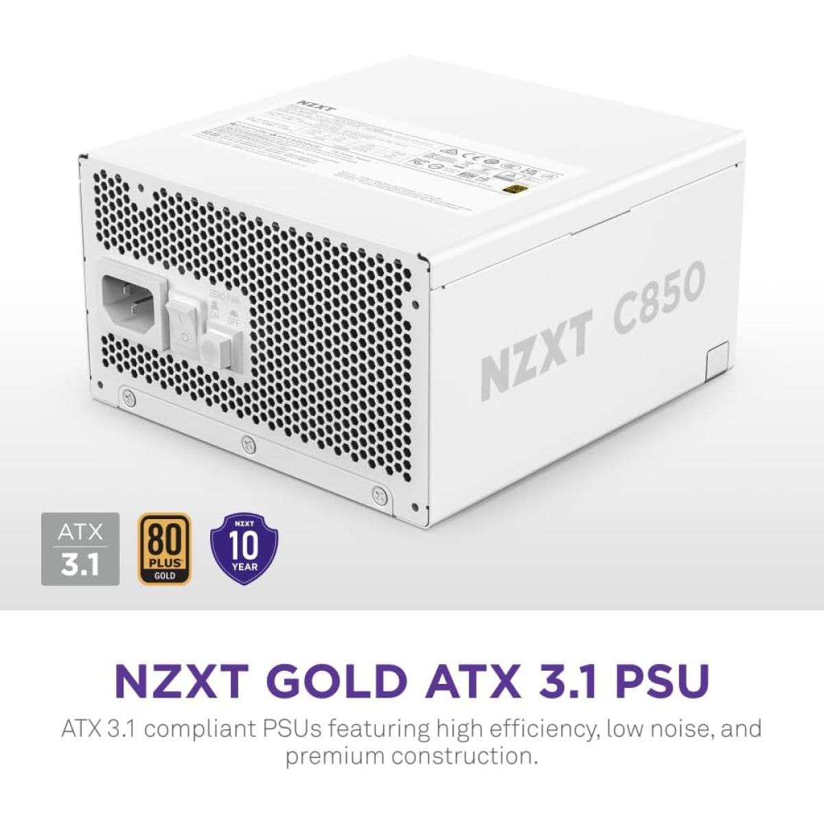 NZXT C850, 850W 80+ Gold Full Modular ATX (3.1) (PCIe 5.1) Gaming Power Supply w/ 135mm fluid dynamic bearing fan with Zero Fan Mode (White)