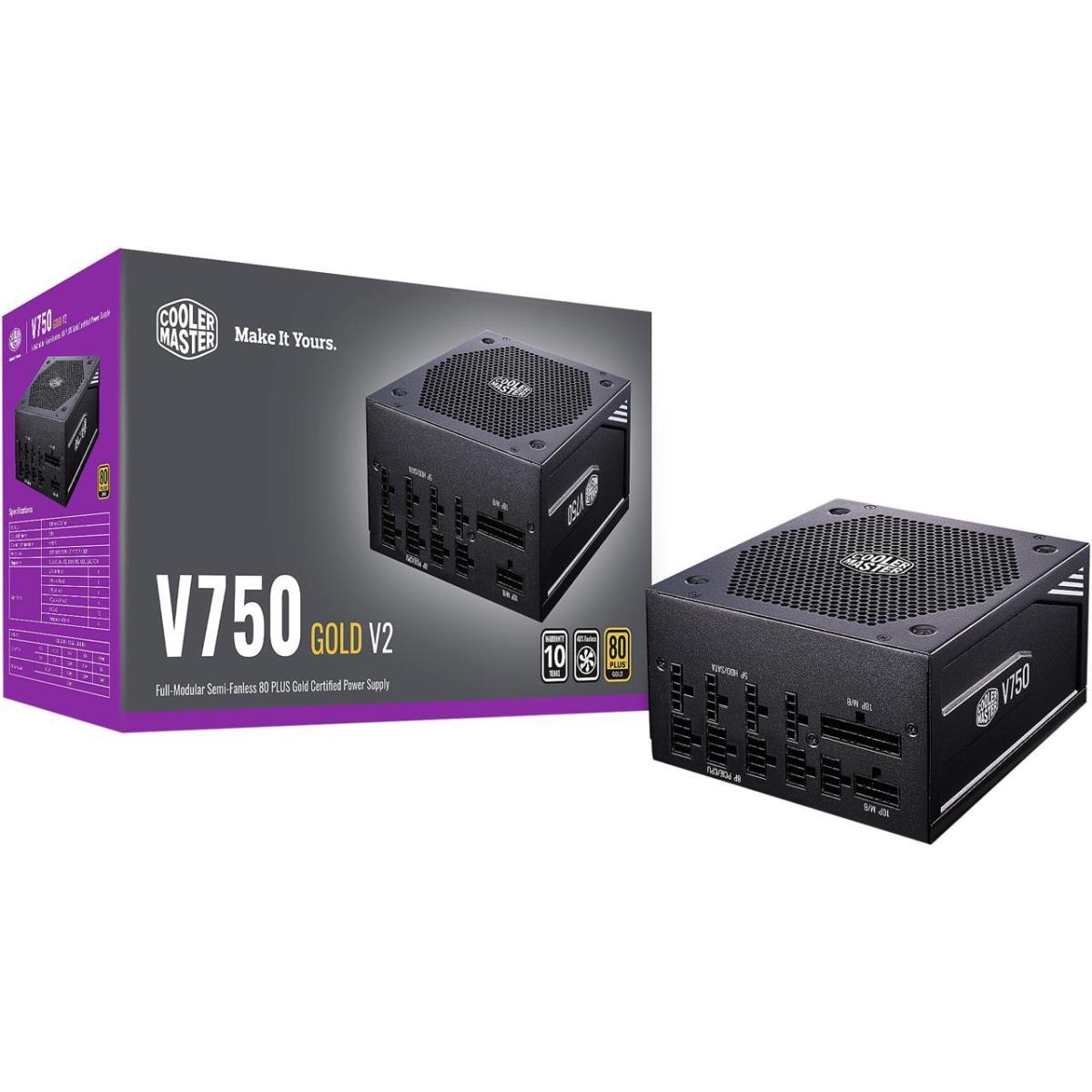 Cooler Master V750 Gold V2 Full Modular Power Supply, 750W, 80+ Gold Efficiency, Semi-fanless Operation, 16AWG PCIe high-Efficiency Cables - Black
