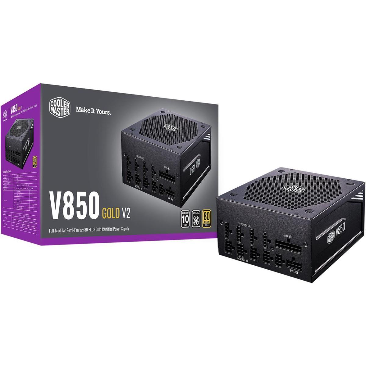 Cooler Master V850 Gold V2 Full Modular Power Supply, 850W, 80+ Gold Efficiency, Semi-fanless Operation, 16AWG PCIe high-Efficiency Cables - Black