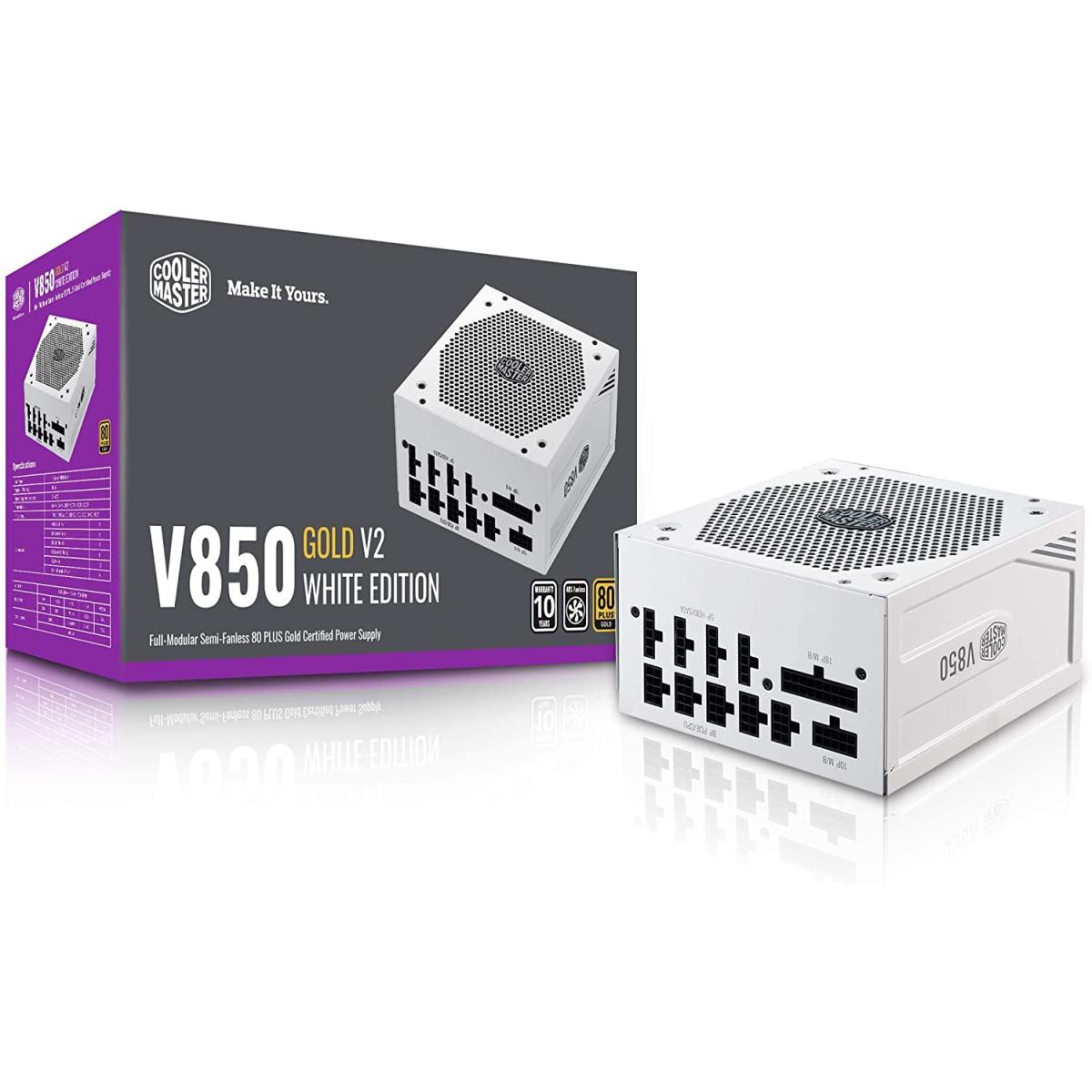 Cooler Master V850 Gold V2 Full Modular Power Supply, 850W, 80+ Gold Efficiency, Semi-fanless Operation, 16AWG PCIe high-Efficiency Cables - White Edition