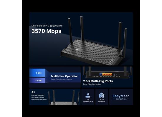 TP-Link Dual-Band BE3600 Wi-Fi 7 Router Archer BE230 | 4-Stream 3.6 Gbps | 2×2.5G + 3×1G Ports, USB 3.0, 2.0 GHz Quad Core, 4 Antennas | VPN Clients & Server | EasyMesh, HomeShield, MLO, Private IOT
