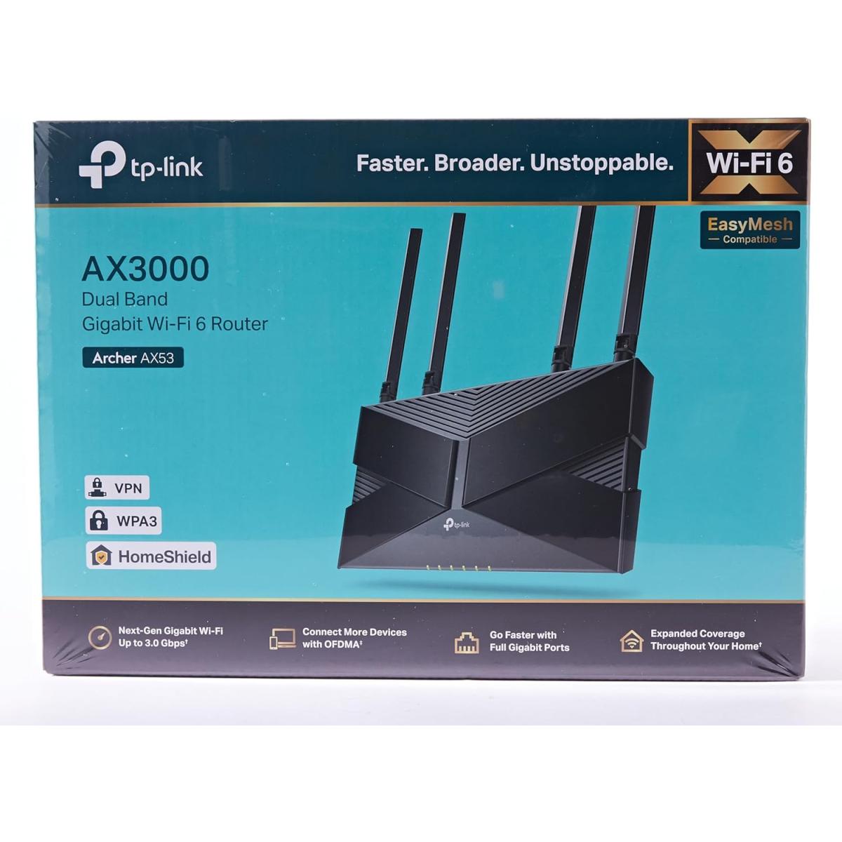 TP-Link Archer AX53 Dual Band WiFi 6 Router AX3000, 2402Mbps at 5 GHz and 574 Mbps at 2.4 GHz, WPA3, TP-Link HomeShield Technology, OneMesh, Compatible with Alexa