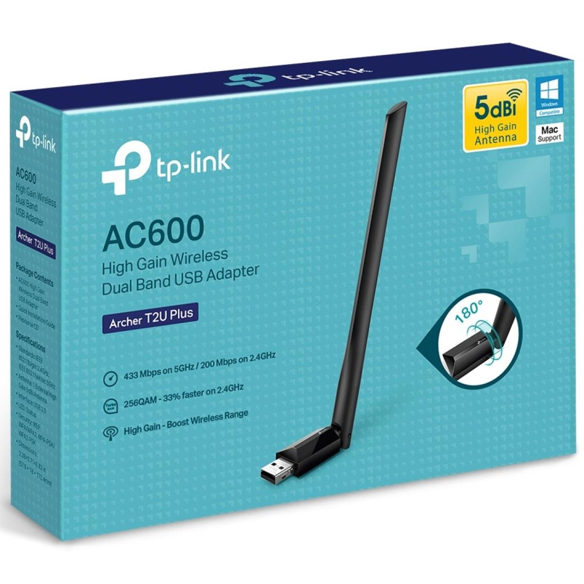 TP-Link Archer T2U Plus AC600 Wireless Dual Band USB Adapter w/ High Gain Antenna For Best Wireless Range (2.4Ghz Up To 200mb/s) (5GHz Up To 433mb/s)