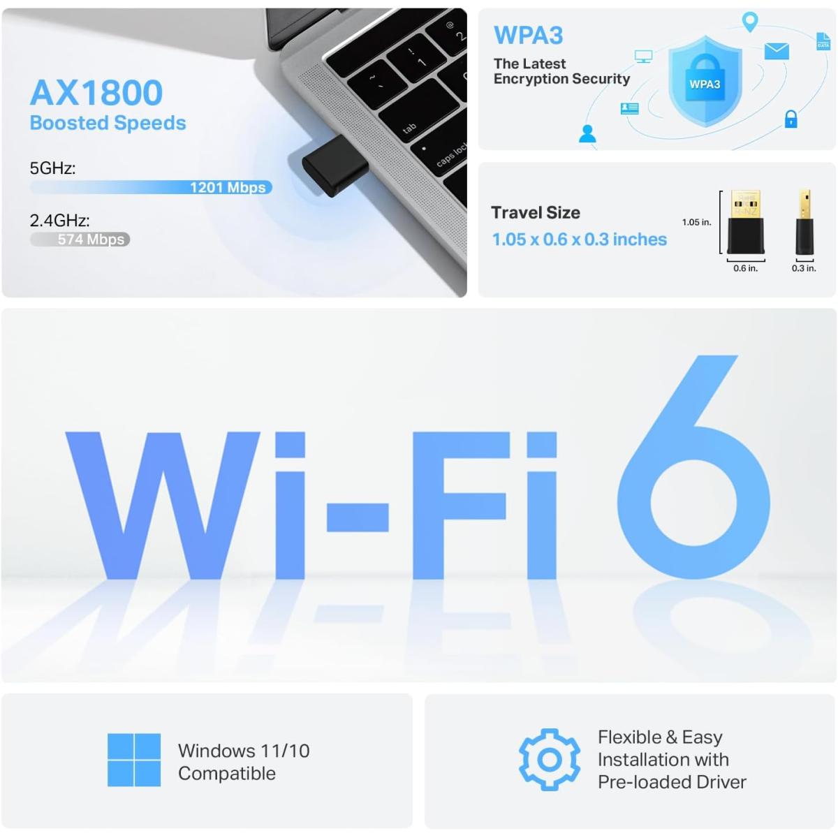 TP-Link Nano USB WiFi 6 Adapter for PC(Archer TX20U Nano) - AX1800 2.4G/5G Dual-Band Wireless Network Transceiver Adapter for Desktop PC, OFDMA, MU-MIMO, WPA3, Travel Size, Supports Windows 11/10