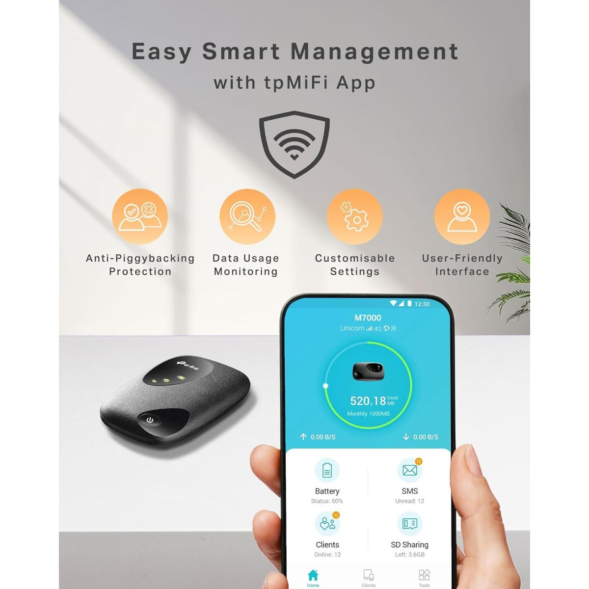 TP-Link M7000 4G+ MiFi Portable WiFi, Lasts Up To 8 Hours In Full Charge, Unlocked LTE-Advanced Cat4 Mobile Hotspot Dongle, SIM Card Slot, Caravan, High Global Compatibility, Easy App Management