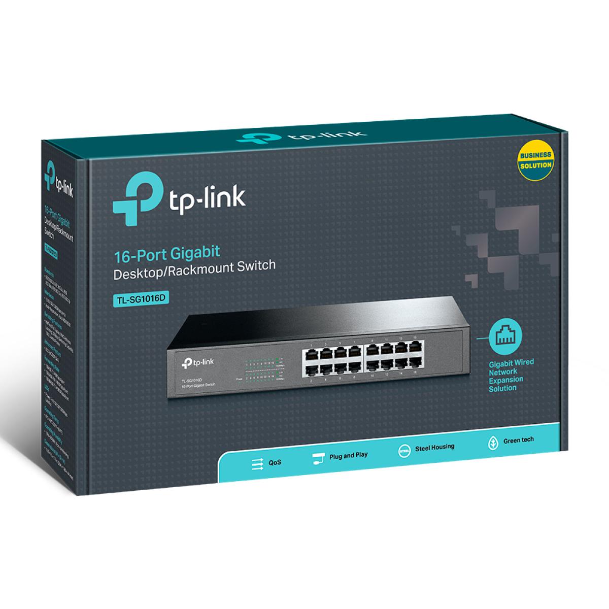 TP-Link TL-SG1016D 16-Port Gigabit 10/100/1000Mbps RJ45 Ports Plug & play design Fanless Desktop/Rackmount Switch