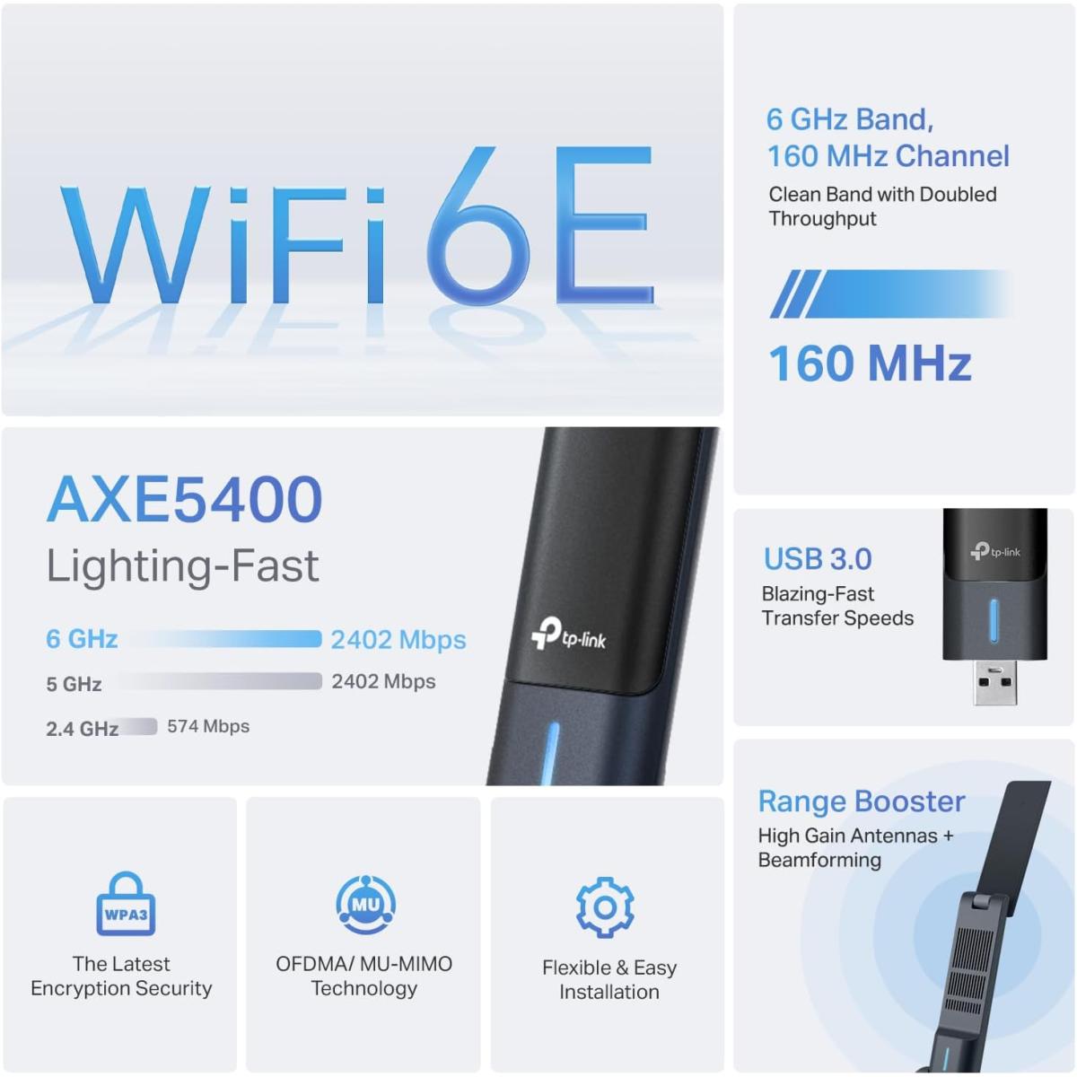 TP-Link AXE5400 WiFi 6E USB Adapter for Desktop PC (Archer TXE70UH) Tri-Band Wireless Network Adapter, Ultra-Low Latency, MU-MIMO, OFDMA, Refined Security, WPA3, Supports Windows 11/10